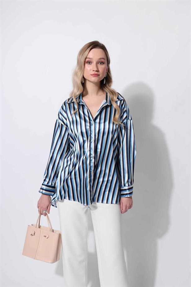 Women's Satin Striped Shirt Blue - STREETMODE™