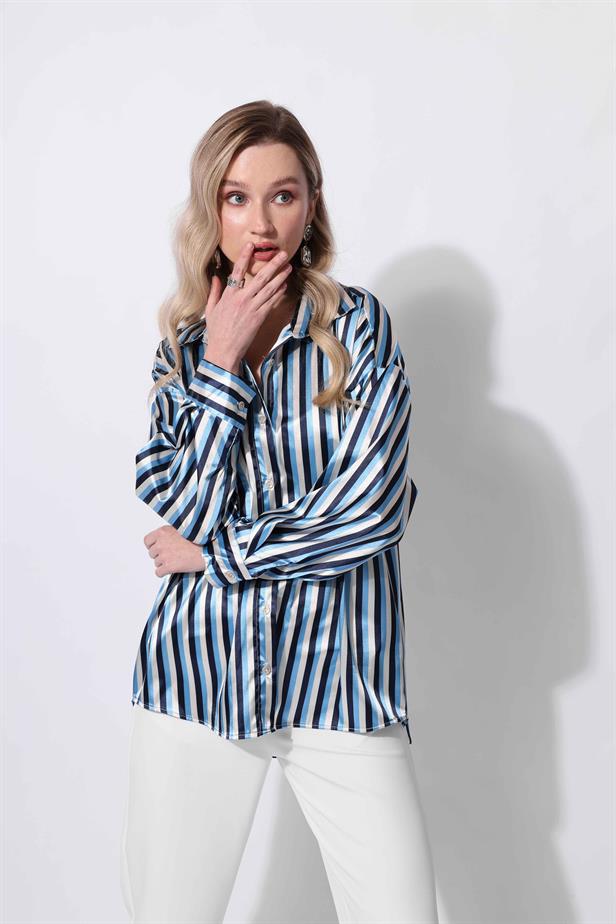 Women's Satin Striped Shirt Blue - STREETMODE™