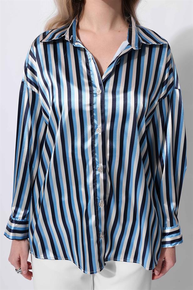 Women's Satin Striped Shirt Blue - STREETMODE™