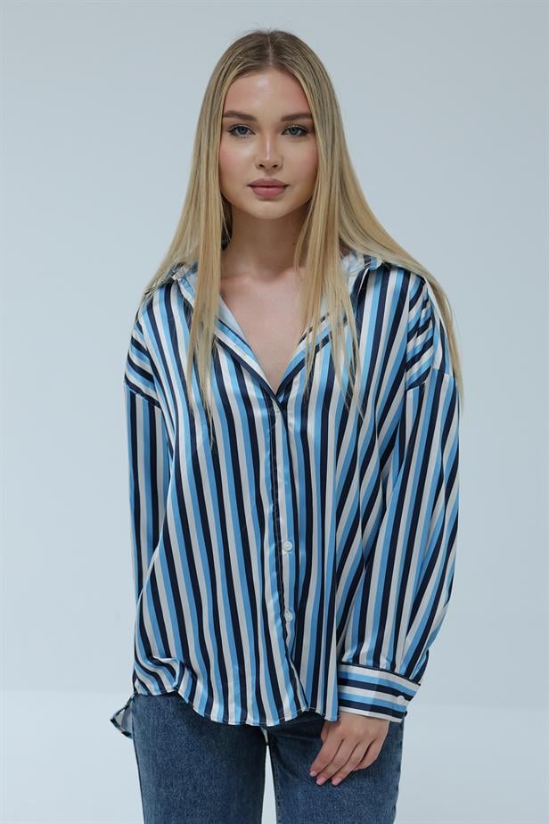 Women's Satin Striped Shirt Blue - STREETMODE™