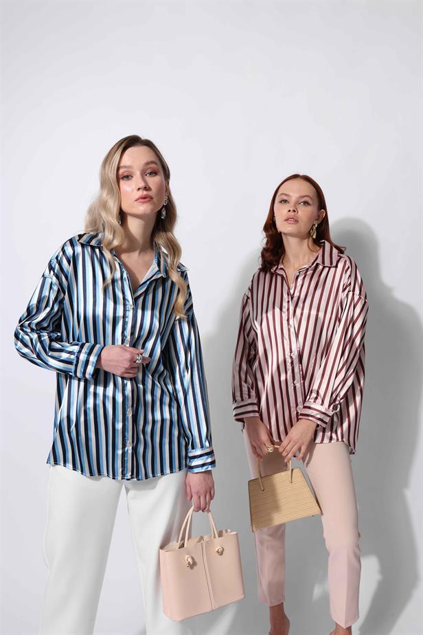 Women's Satin Striped Shirt Blue - STREETMODE™