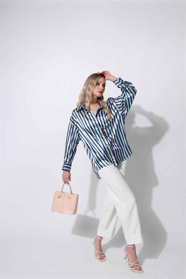 Women's Satin Striped Shirt Blue - STREETMODE™