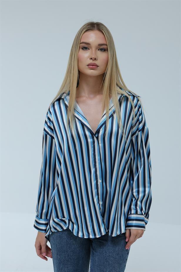 Women's Satin Striped Shirt Blue - STREETMODE™