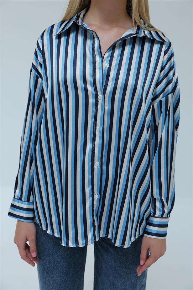 Women's Satin Striped Shirt Blue - STREETMODE™