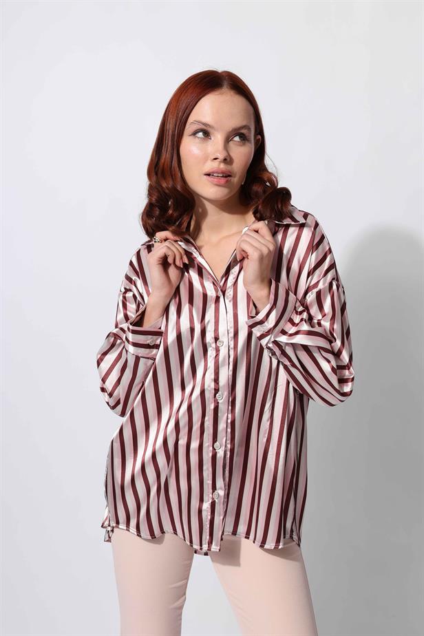Women's Satin Striped Shirt Brown - STREETMODE™
