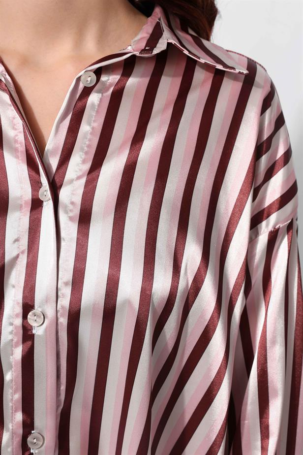 Women's Satin Striped Shirt Brown - STREETMODE™