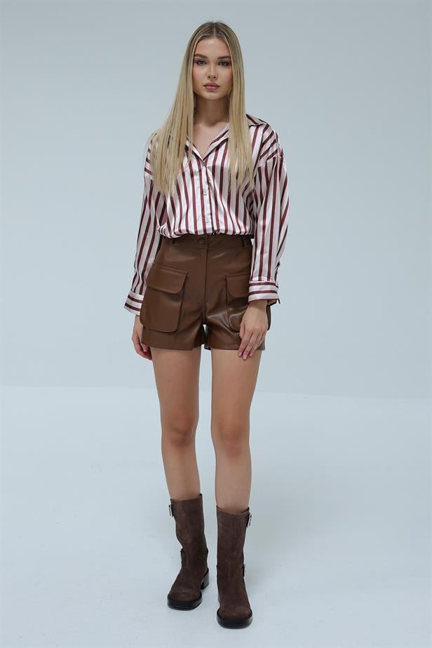 Women's Satin Striped Shirt Brown - STREETMODE™