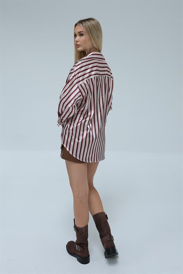 Women's Satin Striped Shirt Brown - STREETMODE™