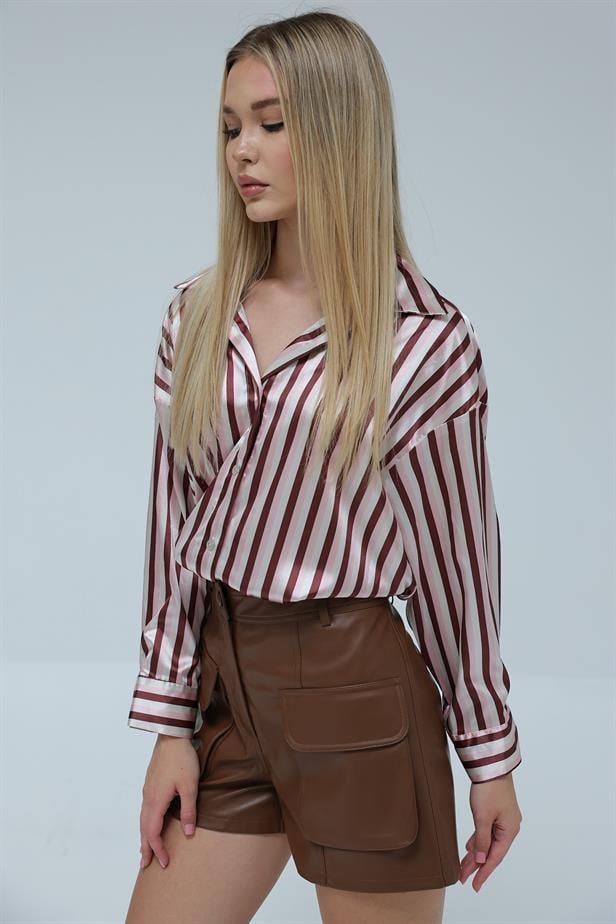 Women's Satin Striped Shirt Brown - STREETMODE™