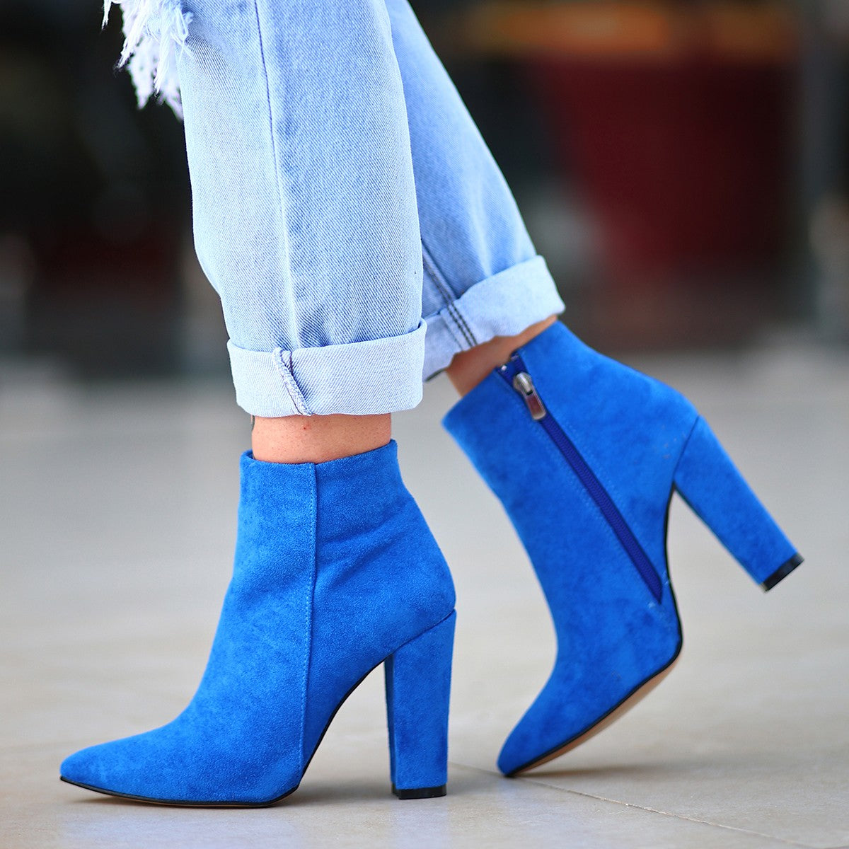 Women's Sax Blue Suede Heeled Boots - STREETMODE™