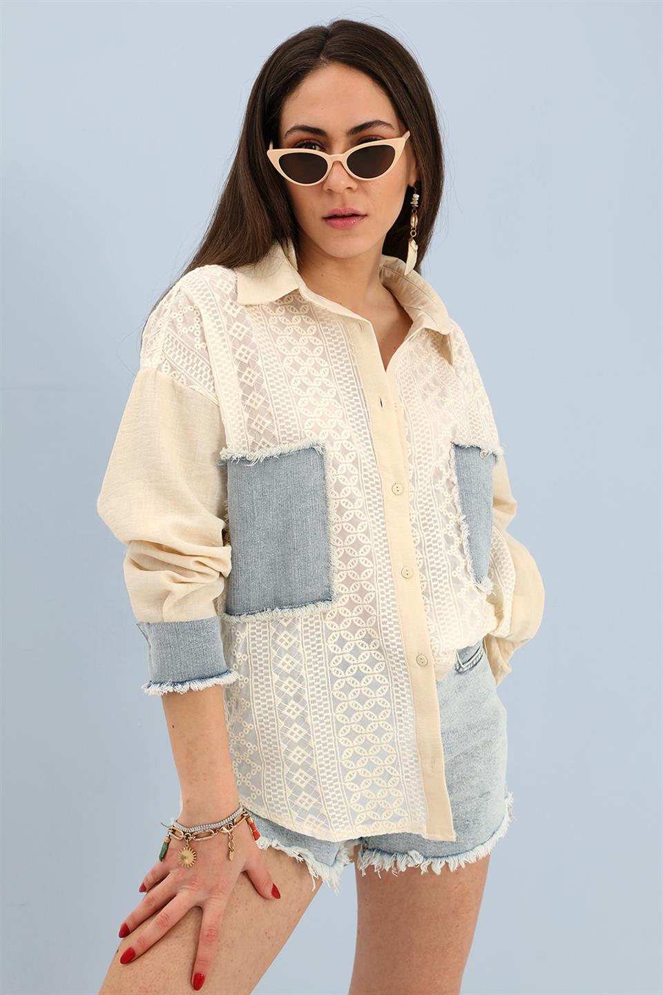 Women's Shirt Chiffon Embroidered Garnish - Beige - STREETMODE™