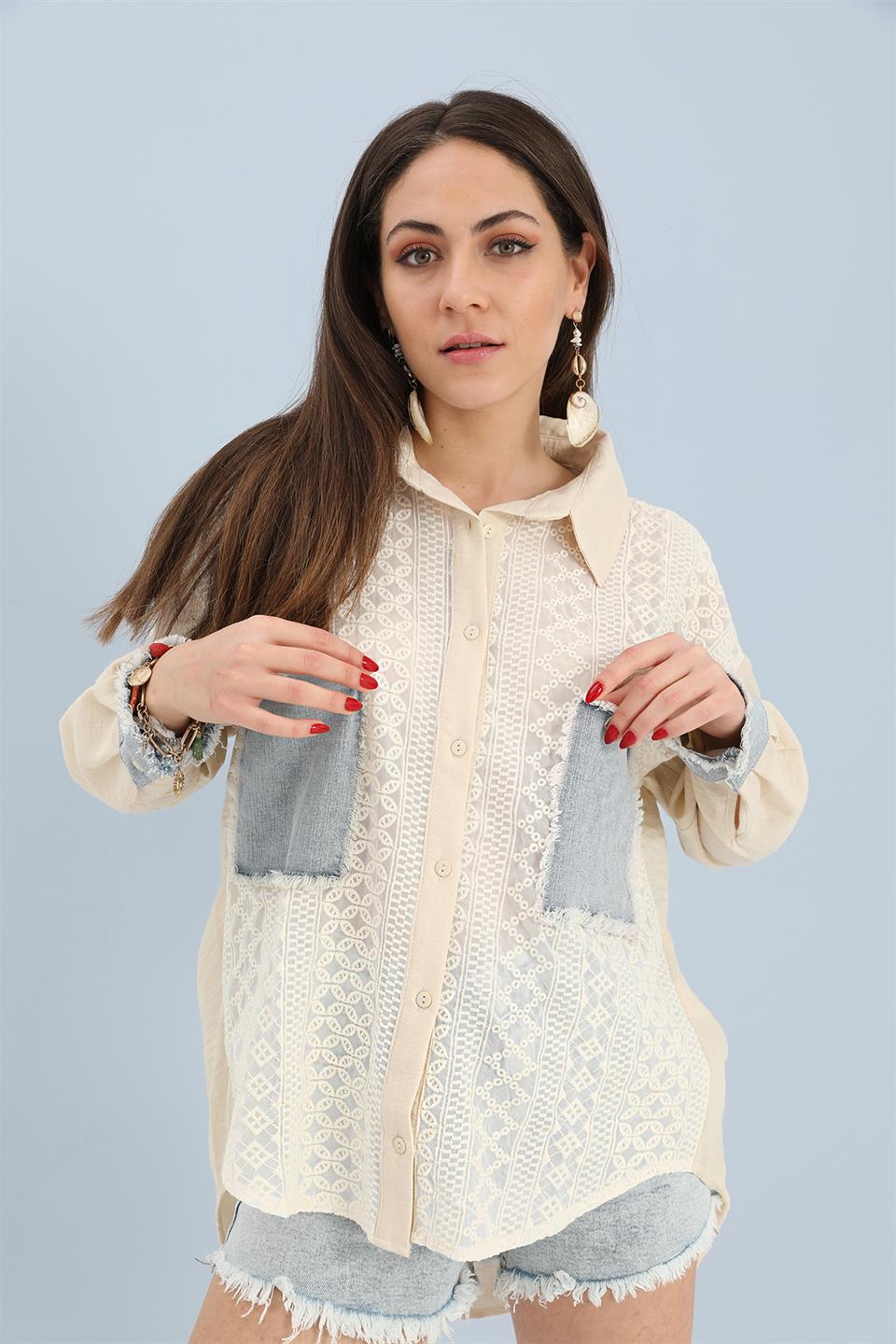 Women's Shirt Chiffon Embroidered Garnish - Beige - STREETMODE™