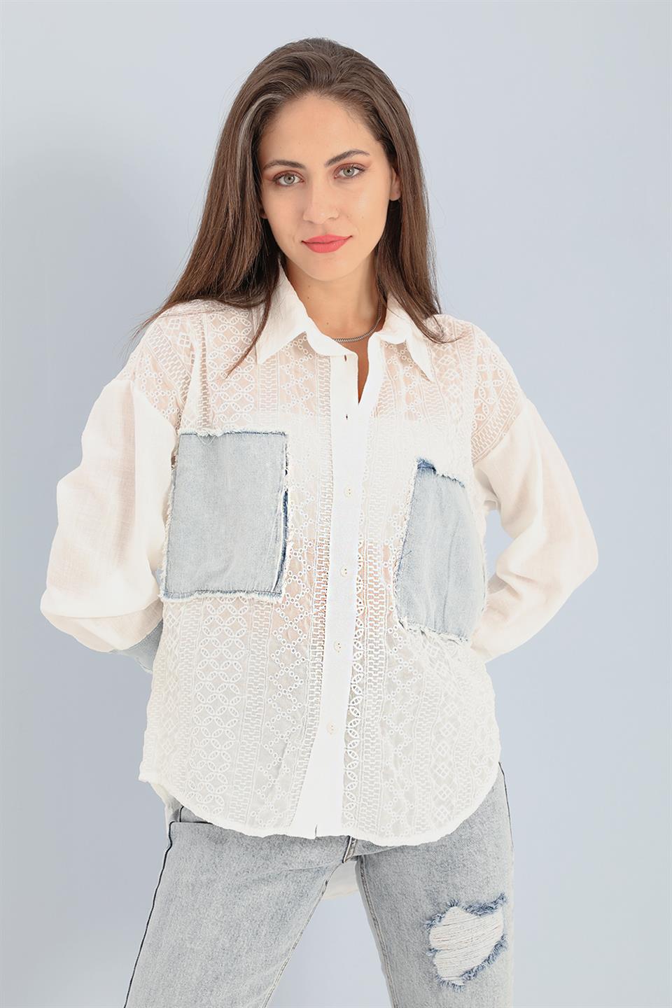 Women's Shirt Chiffon Embroidered Garnish - Ecru - STREETMODE™