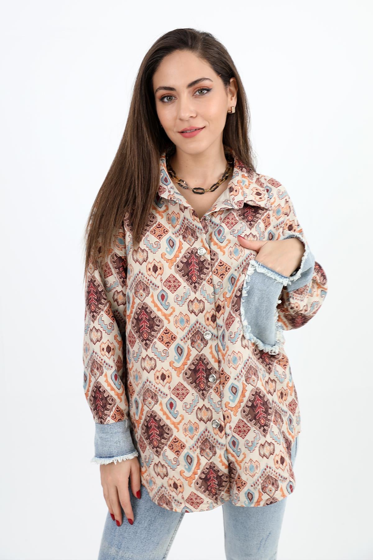Women's Shirt Denim Garnish Printed Jacquard Quilted - Cinnamon - STREETMODE™