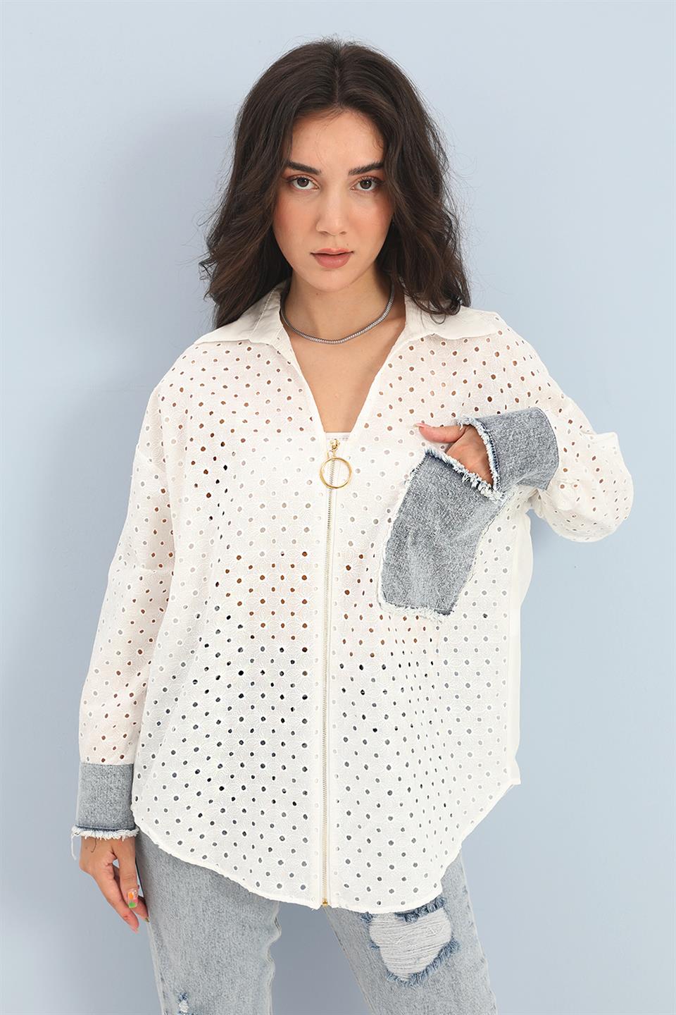 Women's Shirt Embroidered Denim Garnish Floral Pattern - White - STREETMODE™