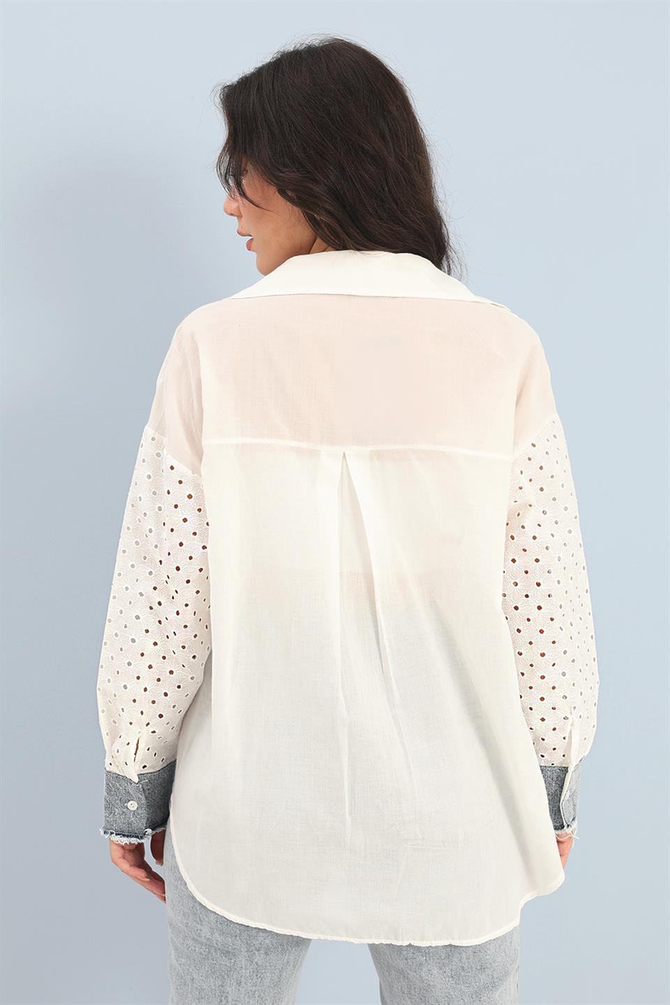 Women's Shirt Embroidered Denim Garnish Floral Pattern - White - STREETMODE™