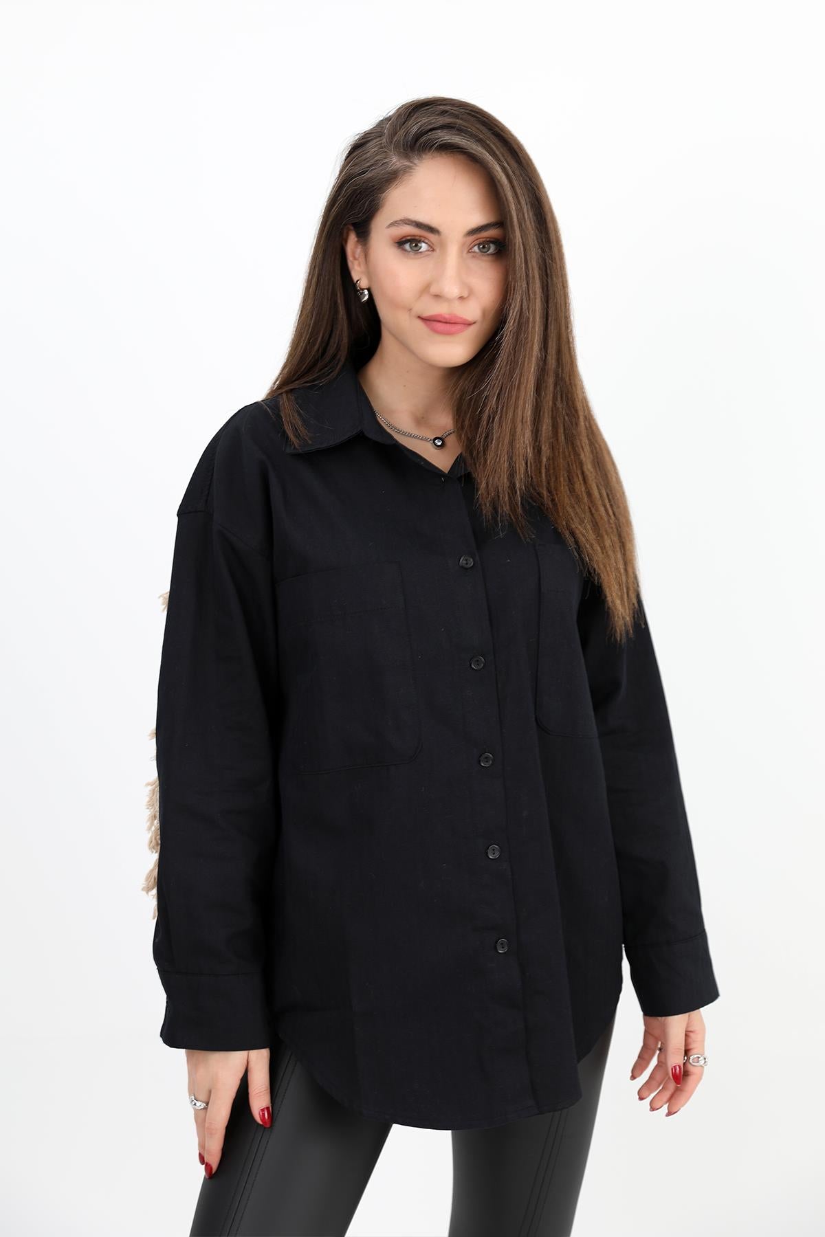 Women's Shirt Gabardine Embroidered on the Back with Tassels - Black - STREETMODE™