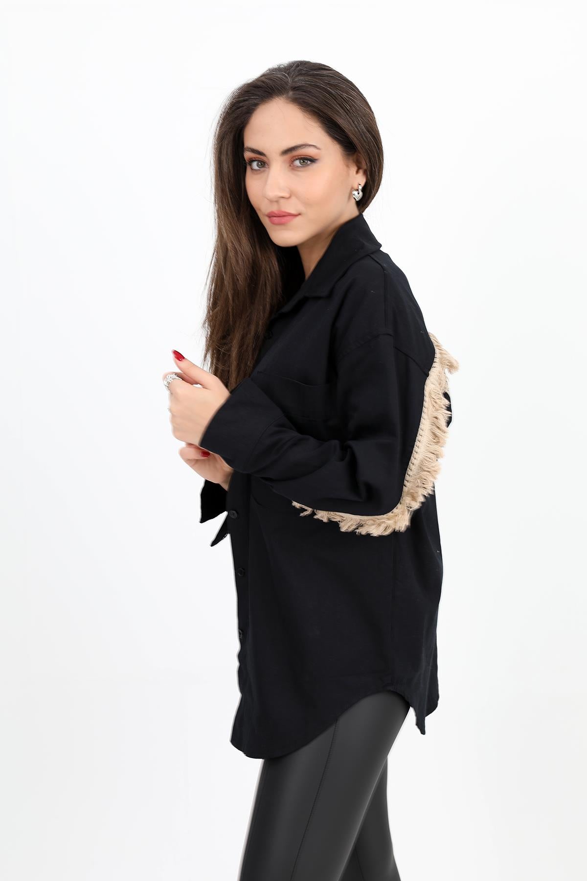 Women's Shirt Gabardine Embroidered on the Back with Tassels - Black - STREETMODE™