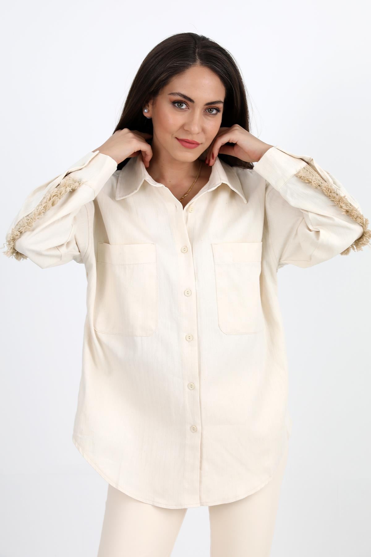 Women's Shirt Gabardine with Embroidered Tassels on the Back - Beige - STREETMODE™
