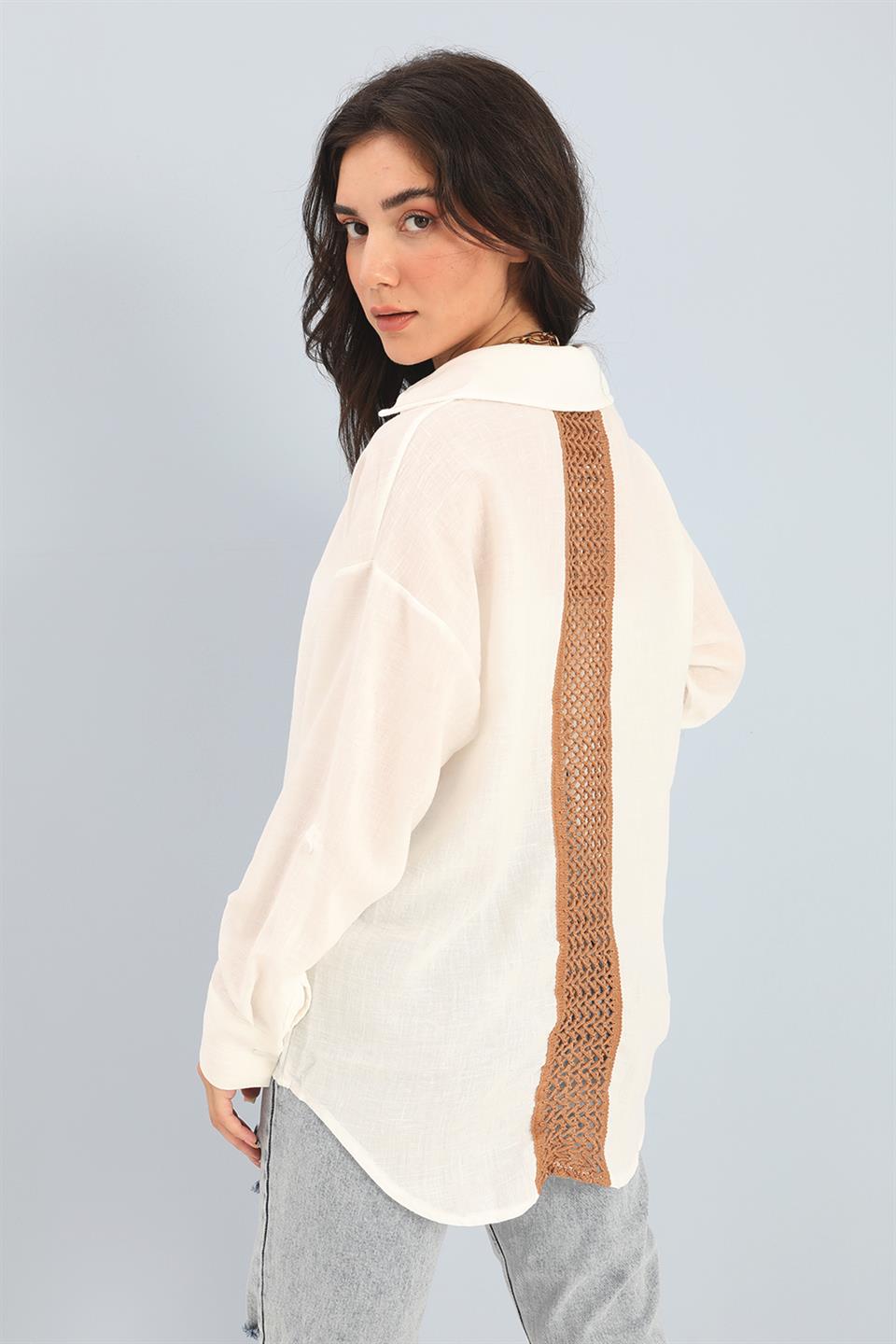 Women's Shirt Lace Detailed Linen - Ecru - STREETMODE™