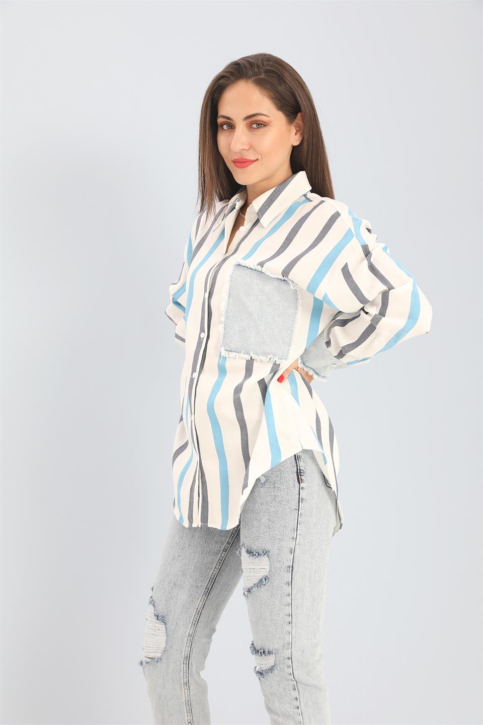 Women's Shirt Linen Garnish Striped Jeans - Blue - STREETMODE™ DE