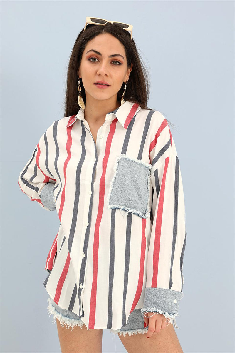 Women's Shirt Linen Garnish Striped Jeans - Navy Blue - STREETMODE™