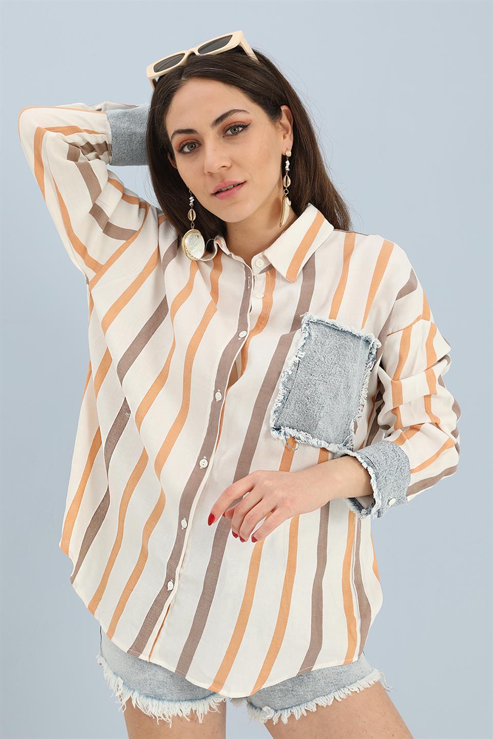 Women's Shirt Linen Garnish Striped Jeans - Orange - STREETMODE™