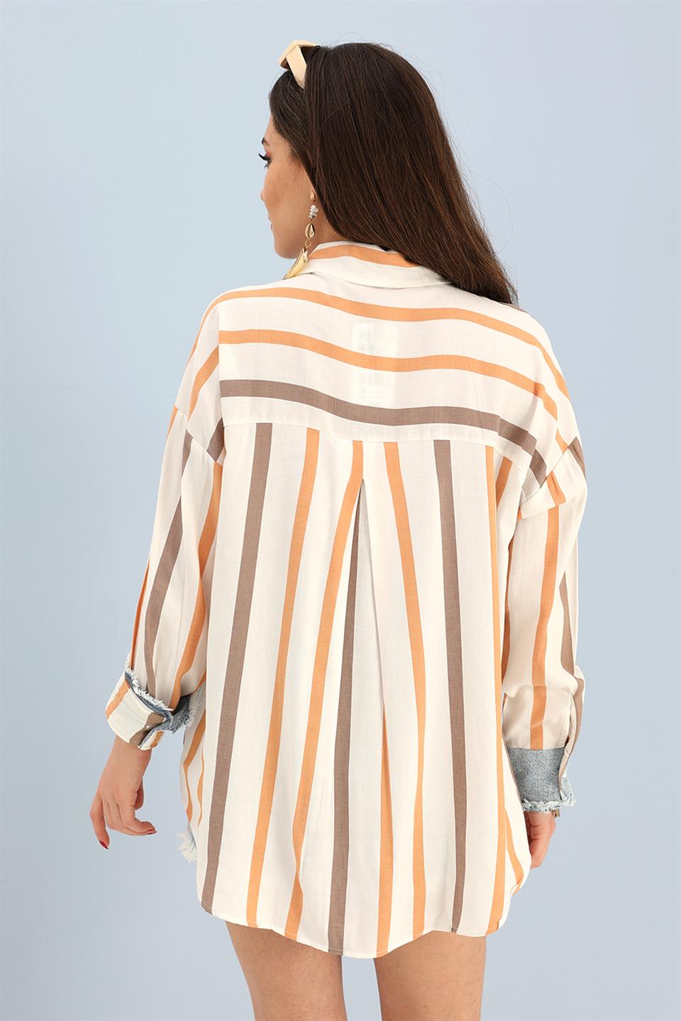 Women's Shirt Linen Garnish Striped Jeans - Orange - STREETMODE™