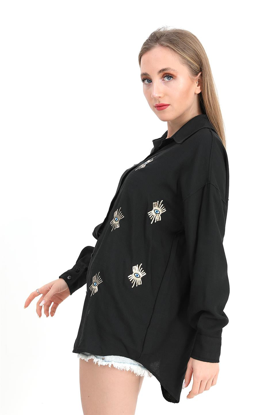 Women's Shirt Linen With Eye Embroidery - Black - STREETMODE™