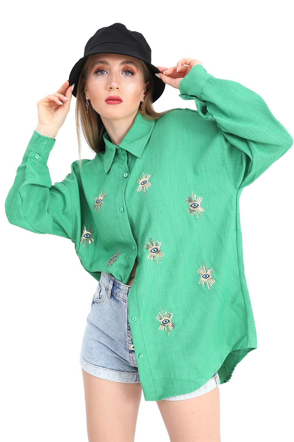 Women's Shirt Linen With Eye Embroidery - Green - STREETMODE™