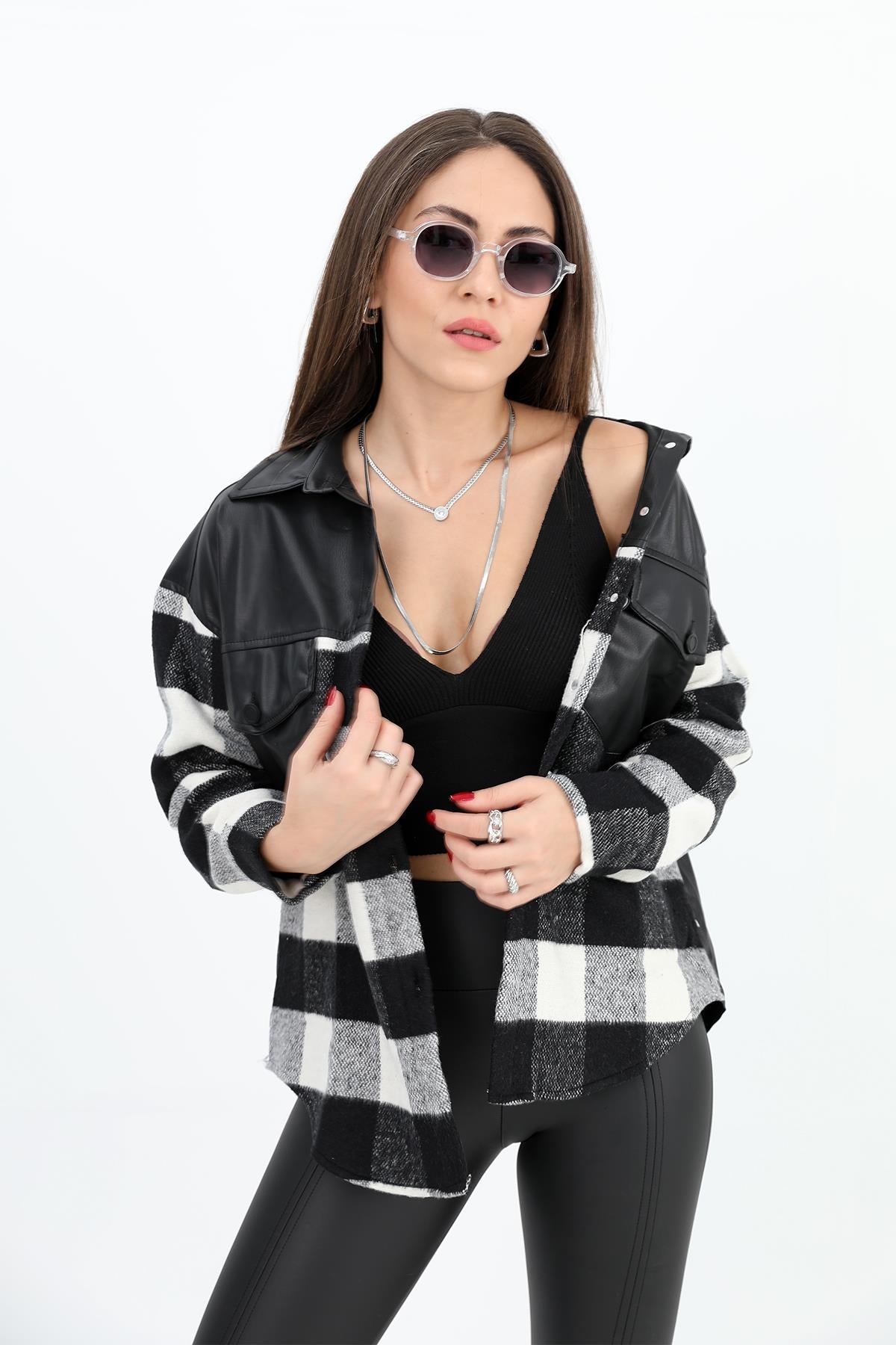 Women's Shirt Lumberjack Leather Garnished Pocket - Black - STREETMODE™
