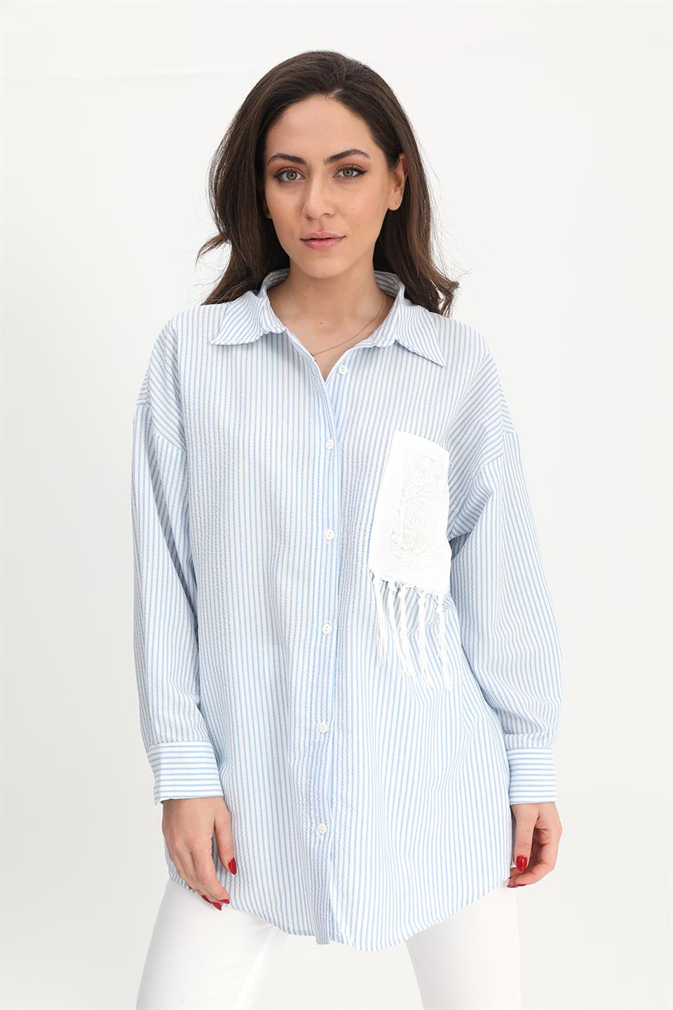 Women's Shirt Pocket Embroidery Tasseled See-through - Blue - STREETMODE™