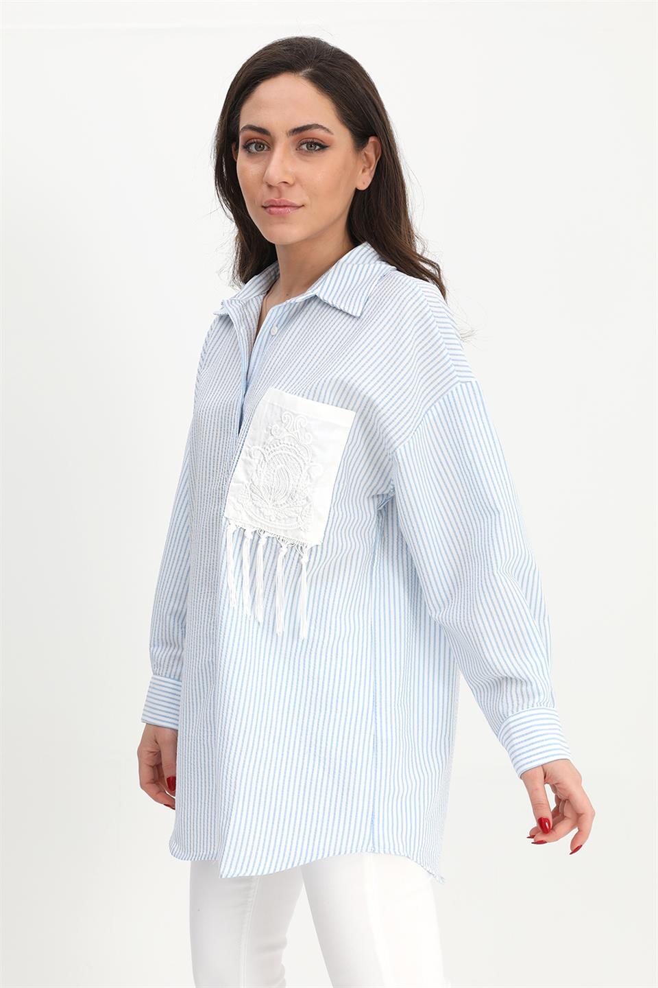 Women's Shirt Pocket Embroidery Tasseled See-through - Blue - STREETMODE™