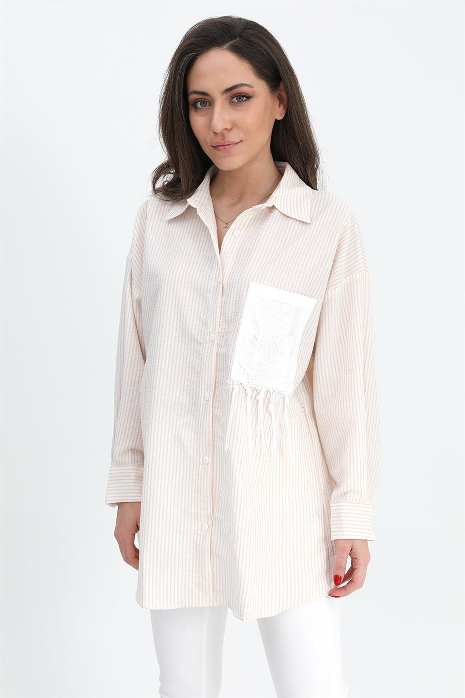 Women's Shirt Pocket Embroidery Tasseled Sequins - Beige - STREETMODE™