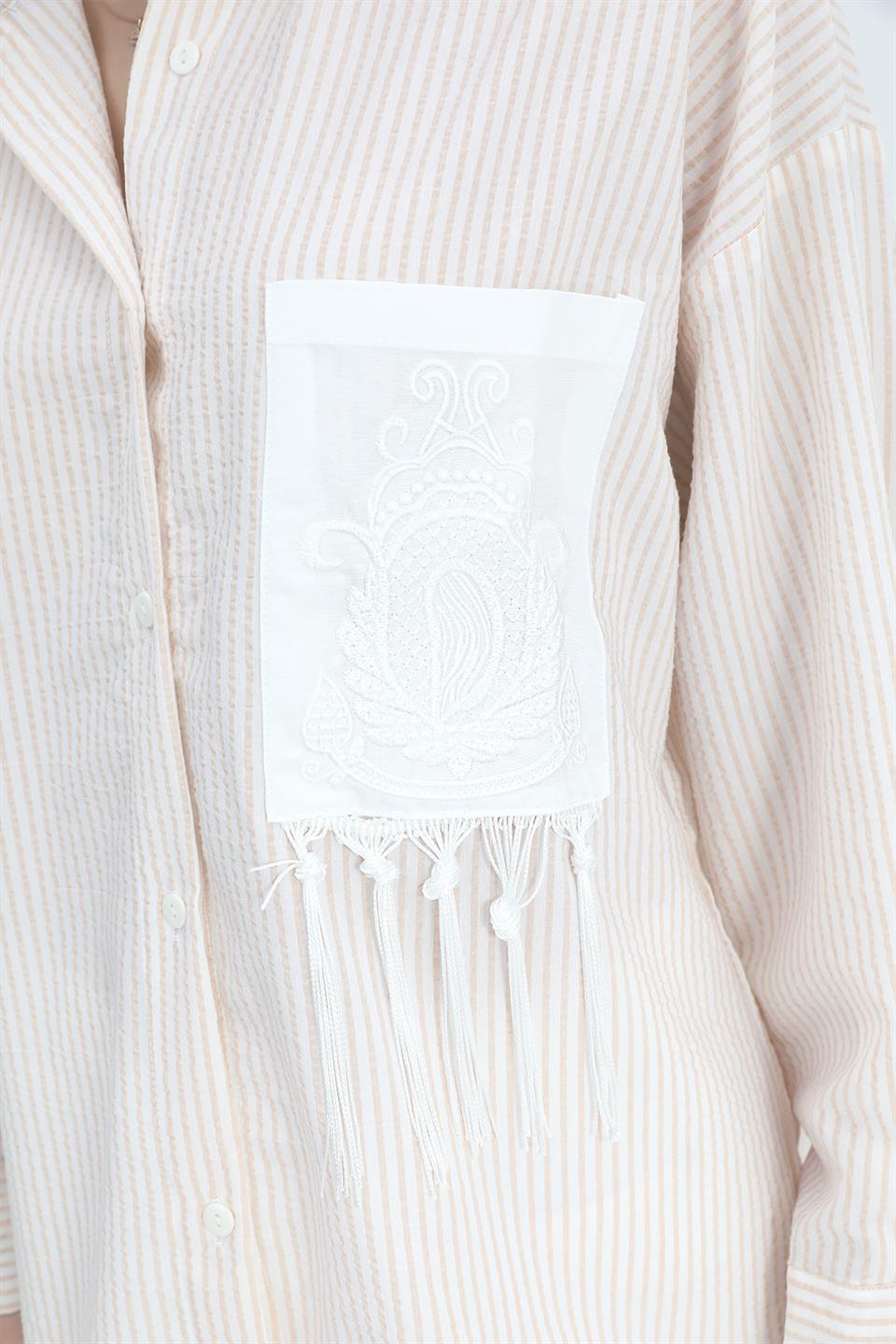 Women's Shirt Pocket Embroidery Tasseled Sequins - Beige - STREETMODE™