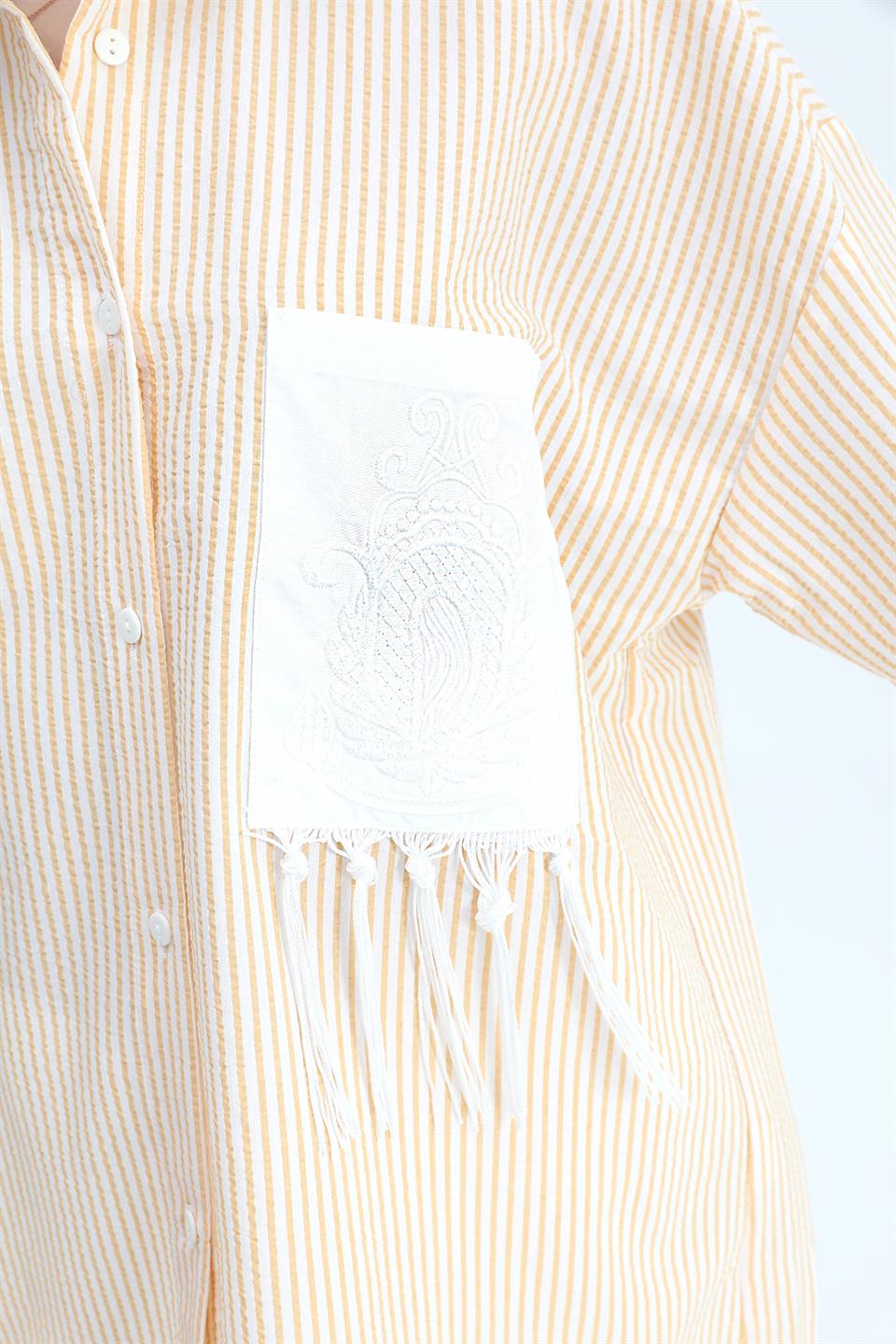 Women's Shirt Pocket Embroidery Tasseled Sequins - Mustard - STREETMODE™