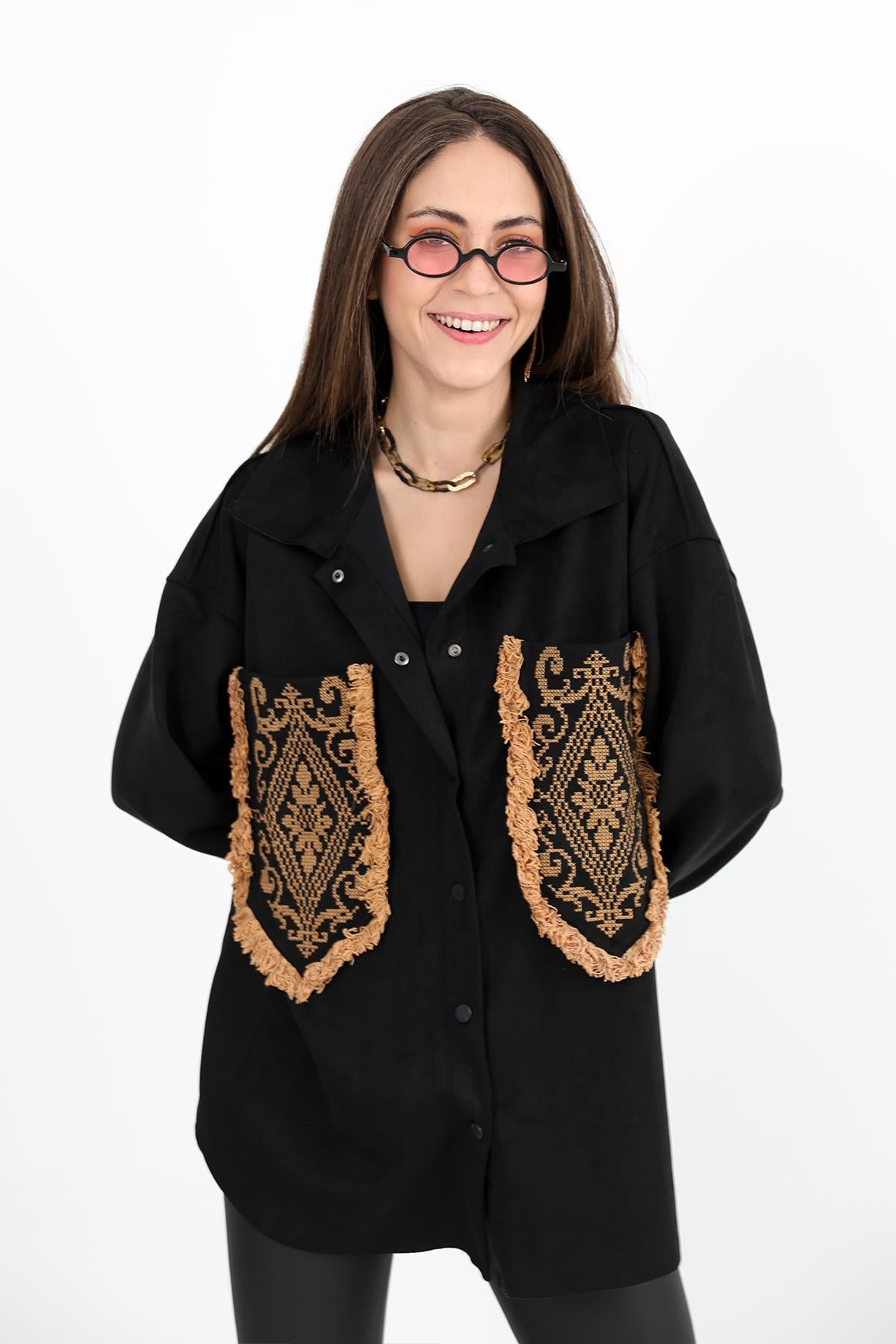 Women's Shirt Pocket Tasseled Embroidered Suede - Black - STREETMODE™