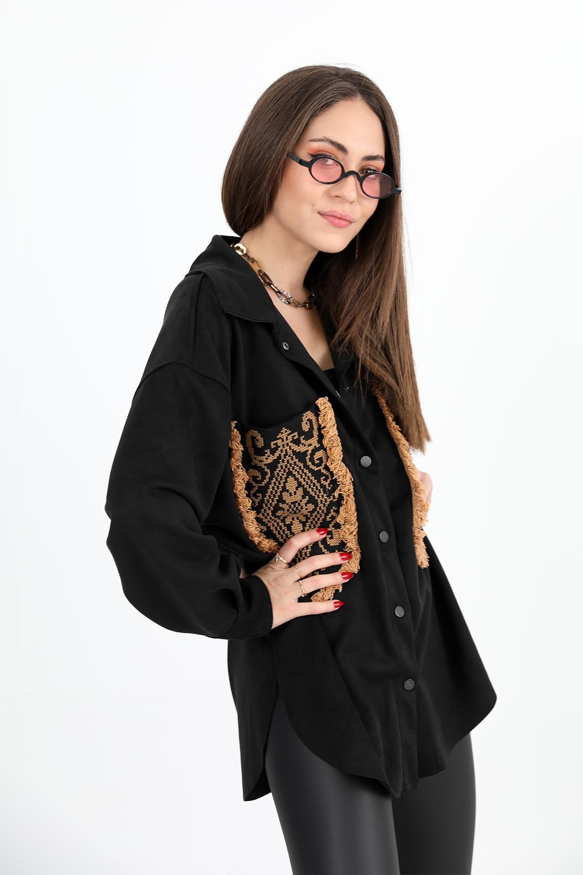 Women's Shirt Pocket Tasseled Embroidered Suede - Black - STREETMODE™