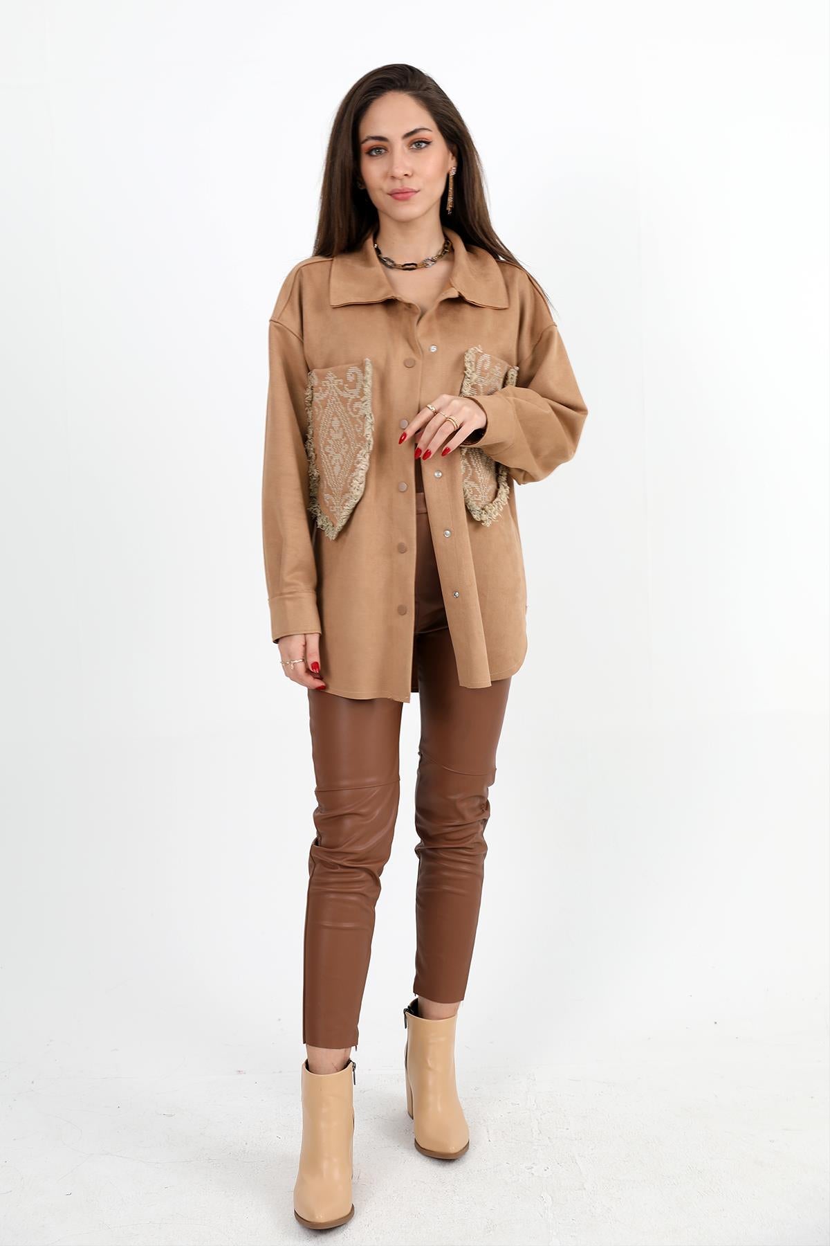 Women's Shirt Pocket Tasseled Embroidered Suede - Camel - STREETMODE™