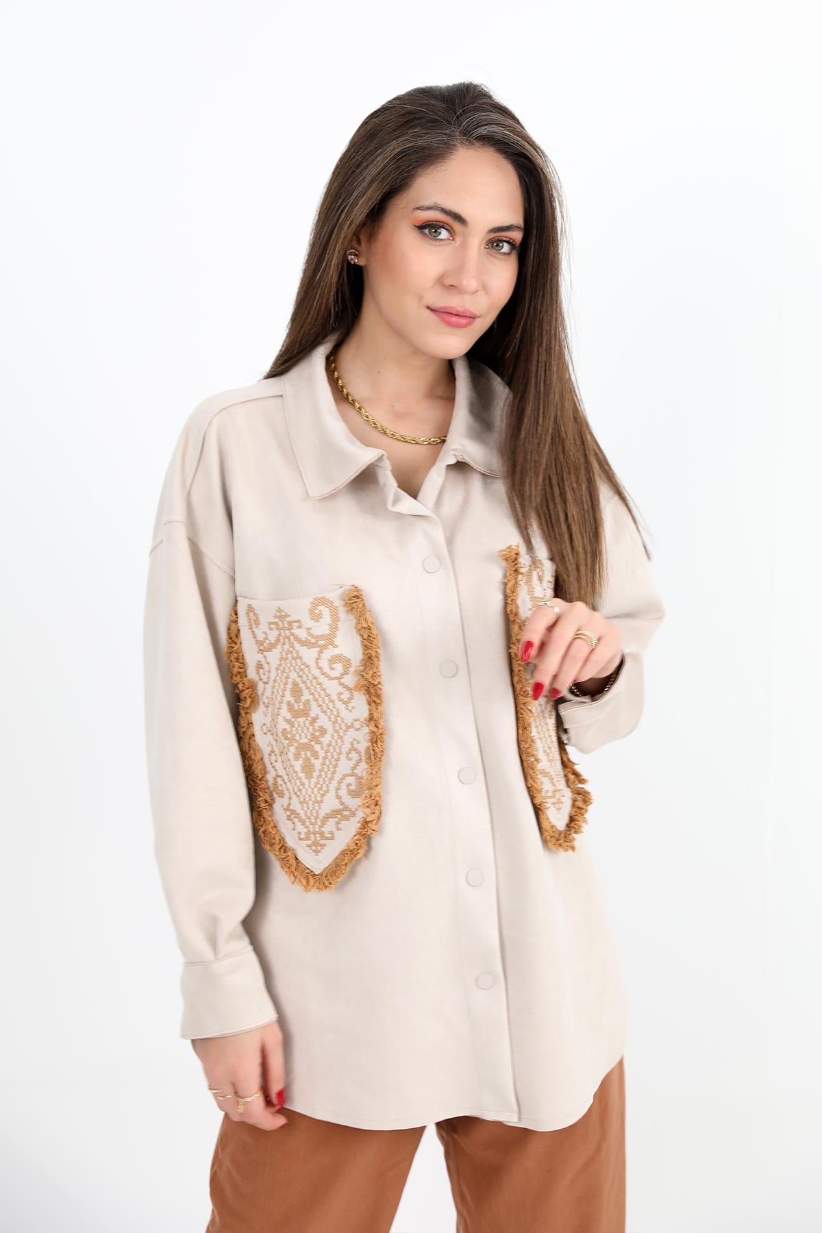 Women's Shirt Pocket Tasseled Embroidered Suede - Stone - STREETMODE™