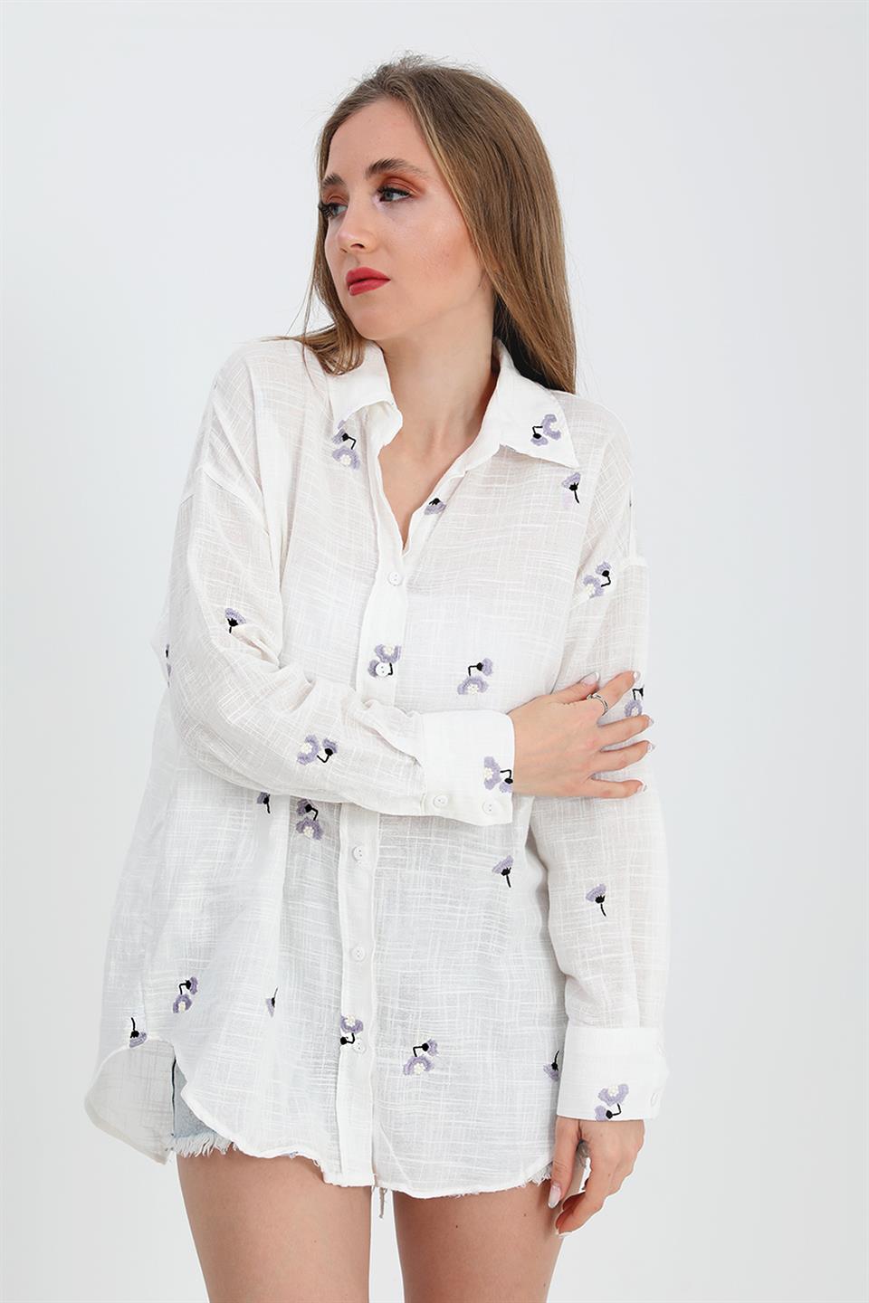 Women's Shirt V Neck Embroidered Linen - Ecru - STREETMODE™