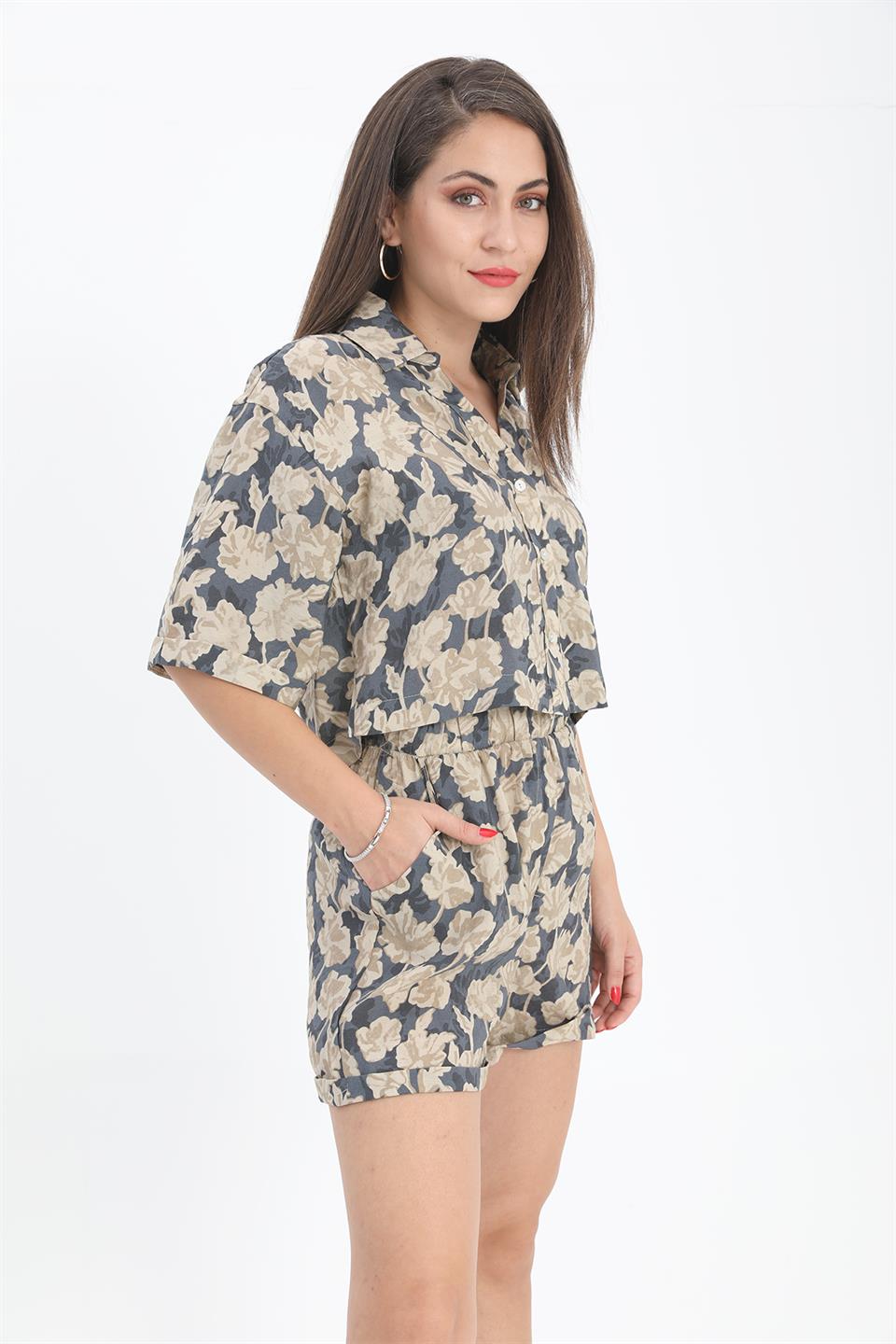 Women's Shirt with Double Layer Printed Sleeve - Navy Blue - STREETMODE™