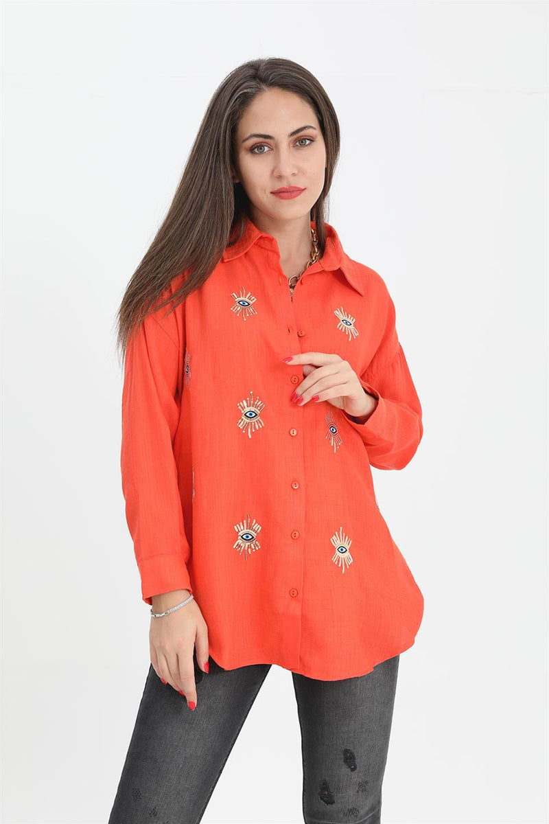 Women's Shirt With Linen Eye Embroidery - Orange - STREETMODE™
