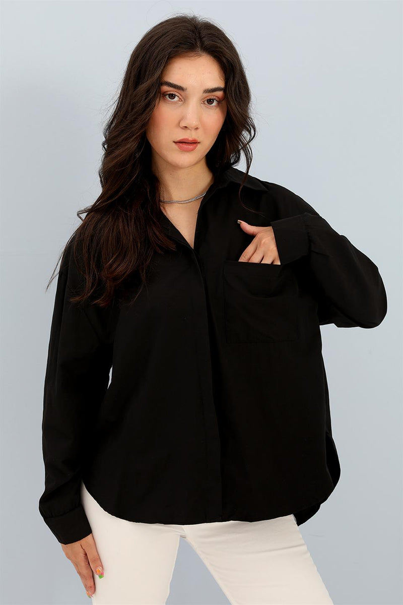 Women's Shirt with Pocket Chain Detail - Black - STREETMODE™
