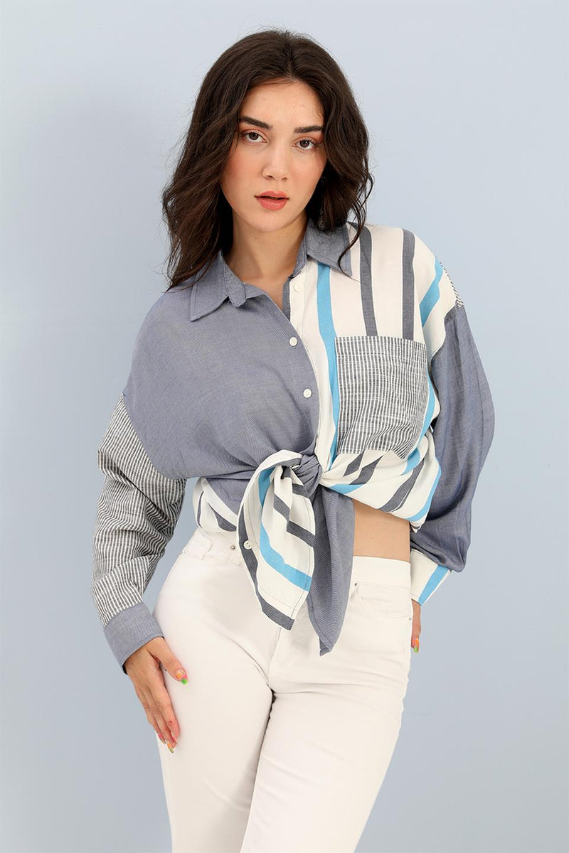 Women's Shirt with Pockets Garnish - Blue - STREETMODE™