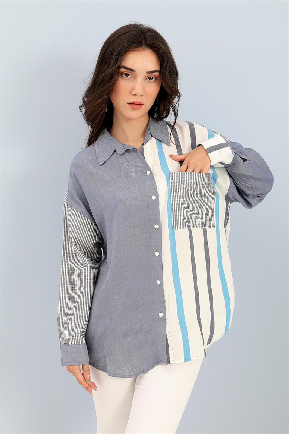 Women's Shirt with Pockets Garnish - Blue - STREETMODE™