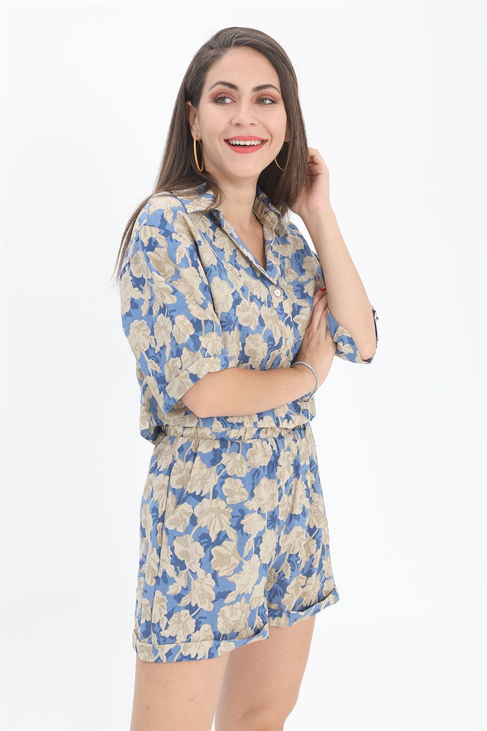 Women's Shirt with Printed Double Layered Sleeve - Blue - STREETMODE™ DE