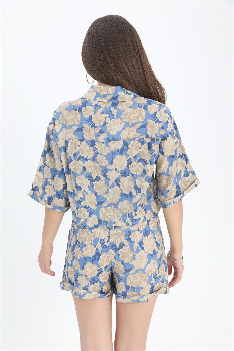 Women's Shirt with Printed Double Layered Sleeve - Blue - STREETMODE™ DE
