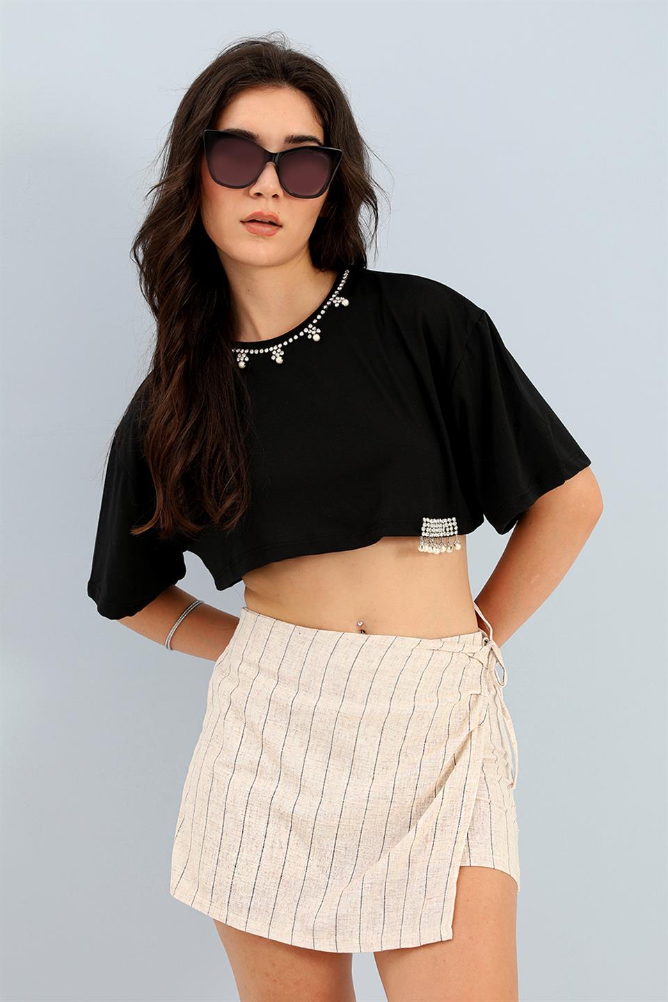 Women's Short Skirt Elastic Back Waist Striped Linen - Black - STREETMODE™