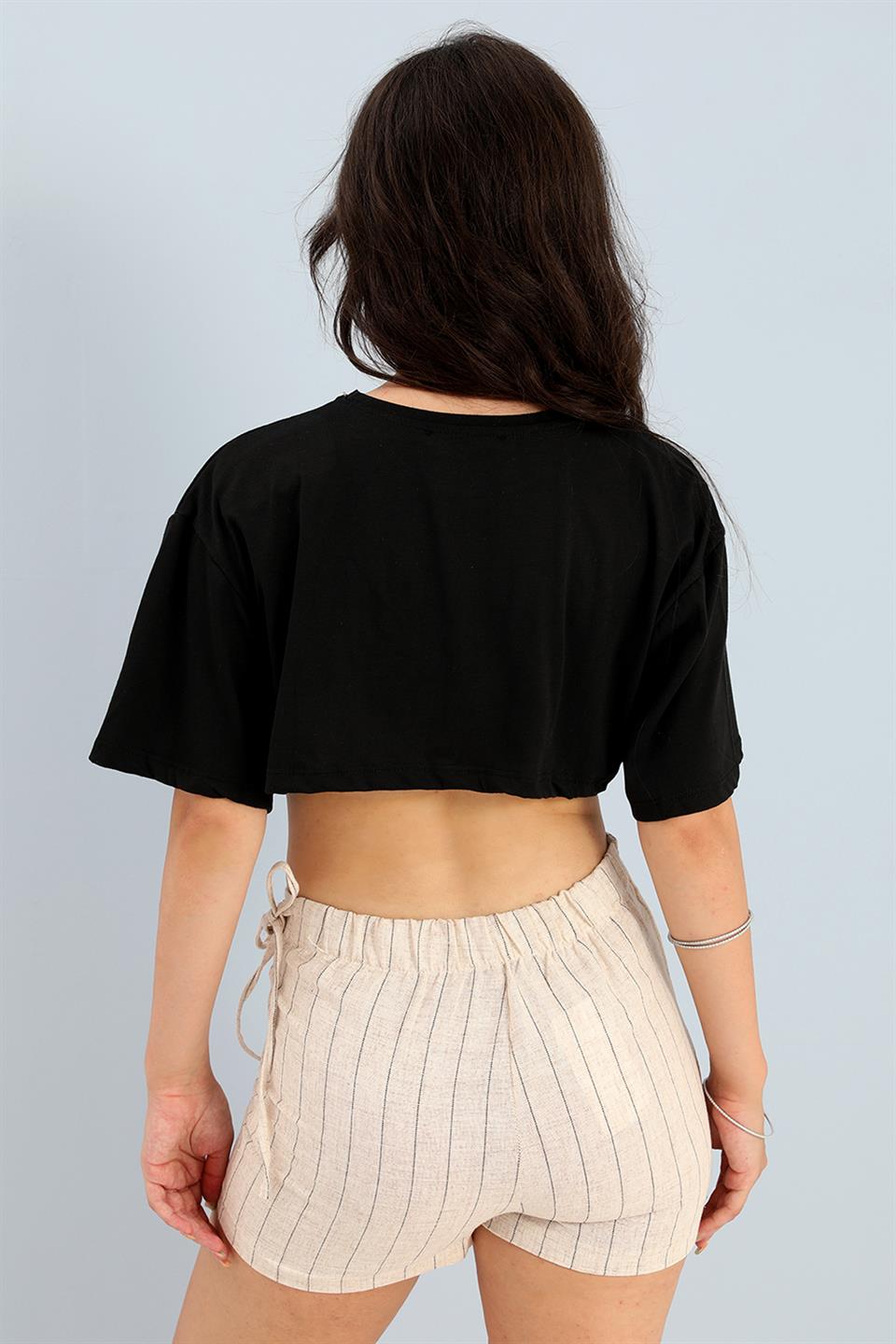 Women's Short Skirt Elastic Back Waist Striped Linen - Black - STREETMODE™